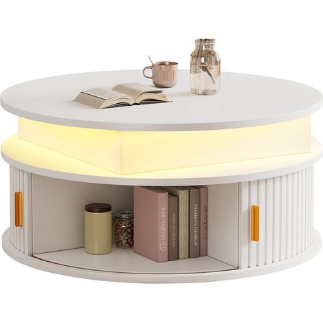 ELVMI Table Basse Ronde Réglable avec 5 Compartiments, 2 Portes à Rideau et LED, MDF Blanc, Ø 75 x 52 cm (1/5)