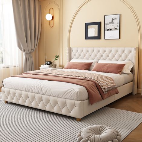 Cama Polsterbett 160x200cm con Cabecero, Lino Beige, Botones y Tachuelas, Patas de Madera (1/5)