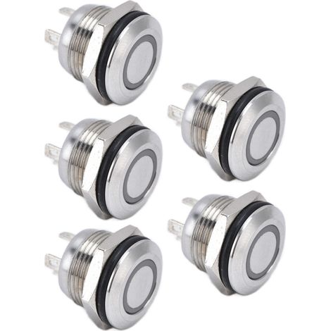 Lot de 5 boutons-poussoirs plats en acier inoxydable avec LED et réarmement automatique, accessoires d'alimentation 12 mm AC 220 V blanc (1/5)