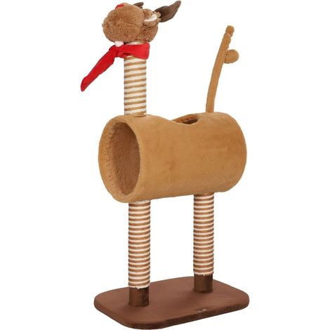 Albero tiragraffi per gatti 98 cm design cervo con cuccia a tunnel e pali in juta marrone (1/5)