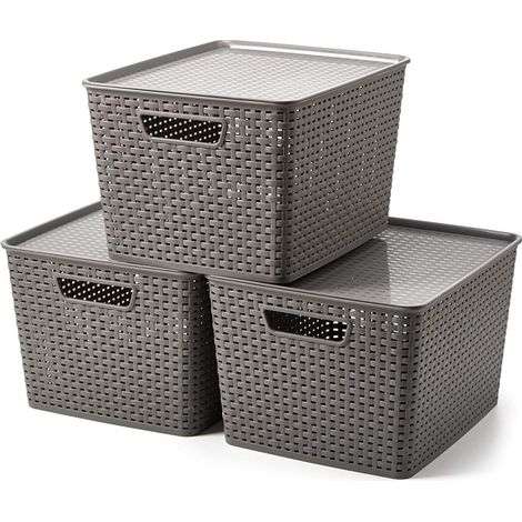 Panier De Rangement - PP Tissé Avec Couvercle - Pour Cuisine Salle De Bain Chambre Bureau - Lot De 3 - Gris (1/5)