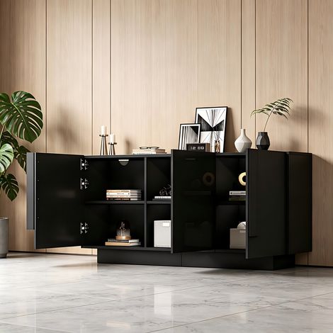 Buffet de cuisine 3 portes, meuble de rangement 6 compartiments réglables, haute brillance, 160x35x60 cm, noir