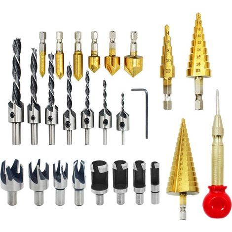 Ensemble de 26 forets à fraiser, outils de forage pour le travail du bois, y compris 8 coupe-bouchons à bois, foret à trois pointes avec clé en L, 6 forets à fraiser, foret à 3 étapes pour le bricolag (1/5)