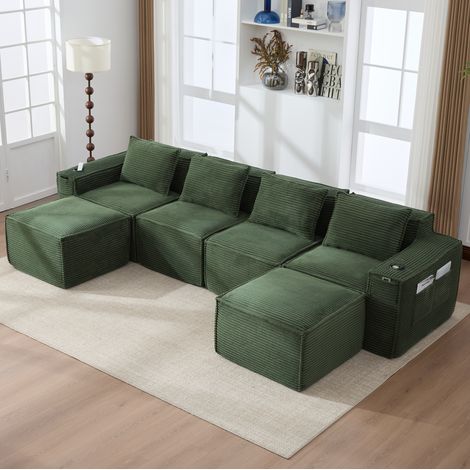 Canapé modulable 4 places en velours côtelé vert, 2 poufs, porte-gobelets, poches, REDOM (1/5)