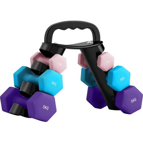 Juego de mancuernas hexagonales con soporte 6 piezas 2x1 kg 2x3 kg 2x5 kg OKWISH (1/5)