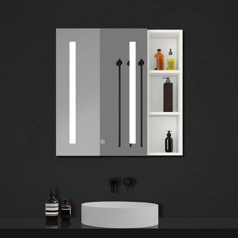 Ocean Armoire Miroir Salle de Bain LED, 70x40cm avec Prise Rasoir+Anti-Buée+3 Tons LED+armoire latérale, blanc