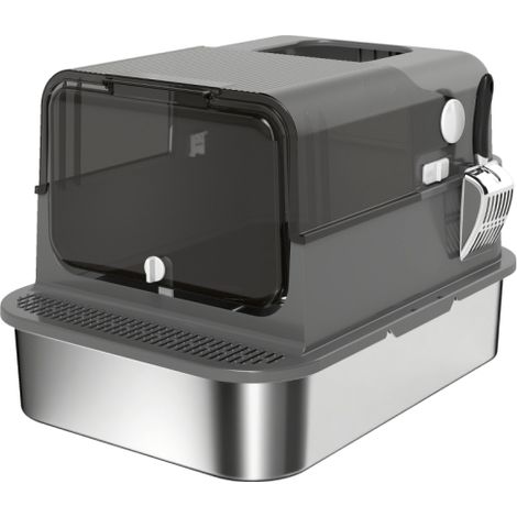 Lettiera in acciaio inox con coperchio, XXL 72 litri, adatta a gatti di grossa taglia o a famiglie con più gatti, design a doppia porta, completa di paletta, pedale e funzione anti-perdita, installabi (1/5)