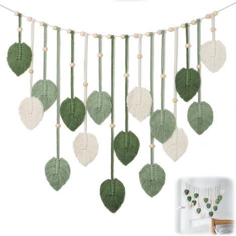Decoration Murale Boheme, 120  75 cm Tapisserie Murale, Macrame Mural Fait Main Feuille, Grande Tapisserie Tissée avec Perles en Bois et Feuilles, pour Salon, Chambre, Chambre D'enfant (Vert) (1/5)