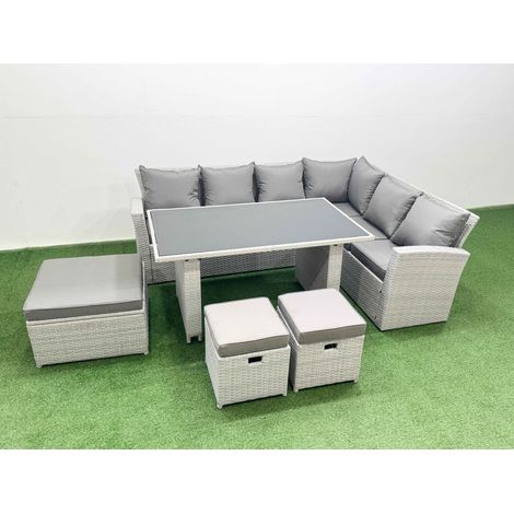 Fimous Outdoor Garden Furniture Sets 9 Seater Wicker Rattan Corner Sofa Sets with Rectangular Dining Table Lounge Sofa 3 Footstools Light Grey (1/4)