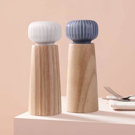 Macina sale e pepe vintage (bianco, blu) - Legno e ceramica - 17,5 x 6 cm - Macina regolabile - 2 pezzi (1/4)