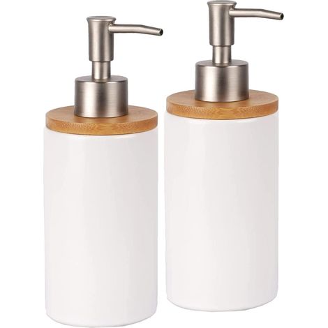 Lot de 2 Distributeur de Savon en Céramique de 500 ML avec Pompe en Métal, Distributeur Gel Douche, Distributeur Liquide Vaisselle Cuisine et Salle de Bain (Blanc) (1/5)