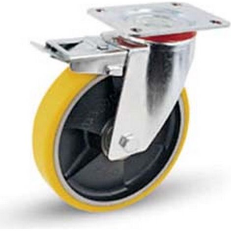 1PZ RUOTE INDUSTRIALI POLIUR.NUCLEO GHISA PIASTRA GIREVOLE FRENO "24SEANT" -  mm.125x25 piastra mm.115x85 - 155h. p. Kg.130