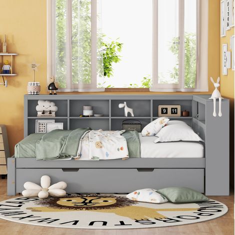 Cama nido 140x200 cm gris de madera con cama extraíble 90x190 cm, USB y almacenaje (1/5)