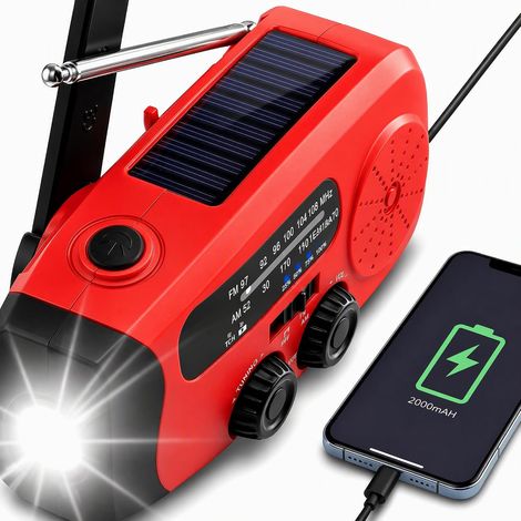 Radio solaire à remonter, radio d'urgence, radio solaire d'urgence portable, banque d'alimentation rechargeable de 2000 mAh, alarme SOS, chargeur de téléphone USB, utilisation d'urgence pour le (1/5)