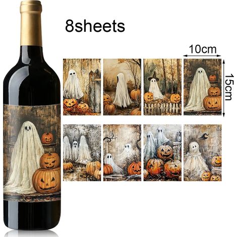 (8 autocollants) Autocollants décoratifs pour bouteilles de vin sur le thème d'Halloween - Collection Art Classique - Étiquettes idéales pour décorer votre intérieur à Halloween ou comme cadeau d'hôte (1/5)