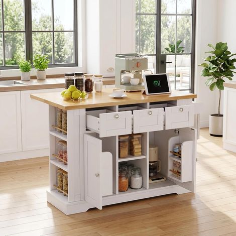 FurnitureR White Kitchen Island 132x70x87cm with Socket Bar and Drawers (1/5)
