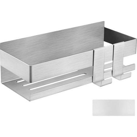 Estante de ducha de acero inoxidable, No requiere perforación, Estante de pared pequeño, Con 2 ganchos, Cesta de ducha de 22 cm, Plateado (1/5)