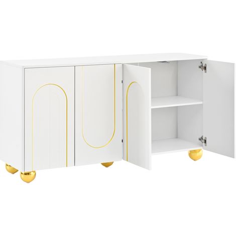 Buffet à quatre portes blanc avec décoration dorée et pieds en métal pour salon et salle à manger (1/5)