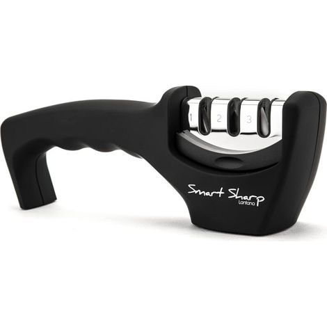 Smart Sharp 3-Stage Knife Sharpener - for kitchen knives - professional results/ergonomic design - ceramic/tungsten carbide/diamond stone - black/chrome finish