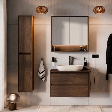 Conjunto mueble con lavabo individual de 80 cm columna y armario con espejo Edmé madera oscura (1/4)