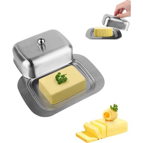 Mantequera con tapa，Acero inoxidable，Mantequera pequeña para conservar la frescura，Soporte para mantequilla，Reloj de mantequilla，Plateado (1/5)