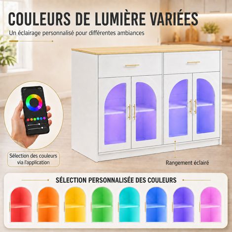 Îlot de cuisine blanc avec plan de travail, éclairage LED, tiroirs (1/5)