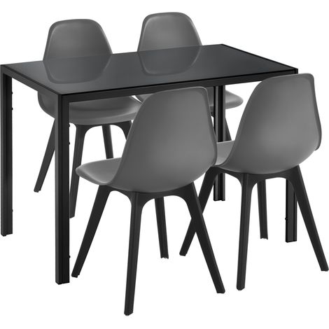 Esstisch Stathelle 105x60x75 cm Schwarz Glasplatte 4 Stühle Grau en.casa
