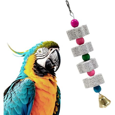 Jouet à mâcher pour perroquet avec pierre ponce et clochette, accessoire de soin pour bec d'oiseau, perchoir suspendu pour cage (1/3)