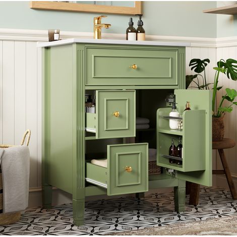 Freistehender Badschrank, glänzend grün, 61 cm, mit Keramikwaschbecken, Schubladen und Tür (1/5)