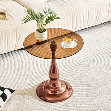 Table d'appoint ronde en verre trempé Ø50cm – Pied métallique forme bouteille finition rose doré – Plateau verre teinté bords arrondis – Table basse ronde pour salon chambre (1/5)