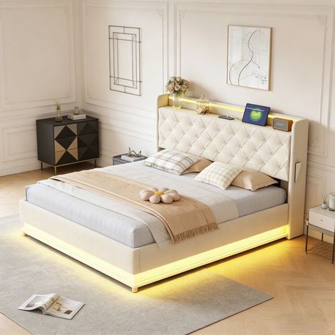 Beleuchtetes Bett - NEXU - 160x200 cm - Beige Leinen - Inklusive Lattenrost - Integrierte LED