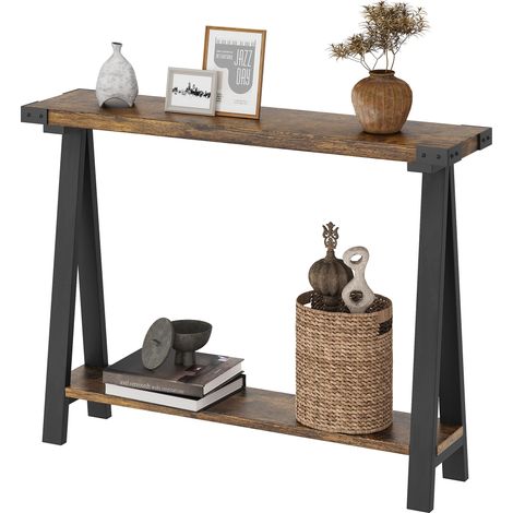 Table d’entrée étroite style fermière, 2 étagères, cadre en métal noir, pieds en V, 110 x 21 x 80 cm, marron (1/3)