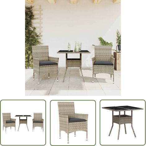 The Living Store 3-tlg. Garten-Essgruppe mit Kissen Hellgrau Poly Rattan Glas - Gartenmöbel - Essgruppe - Gartenset - Outdoor Möbel - Terrassenmöbel (1/5)