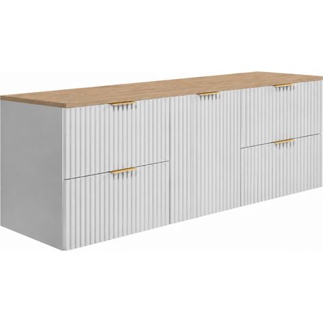 Meuble sous-vasque suspendu 160 cm, 4 tiroirs, 1 porte, fermeture douce, panier à linge, Blanc / Plan marbre, poignées dorées, 160 x 46 x 57 cm