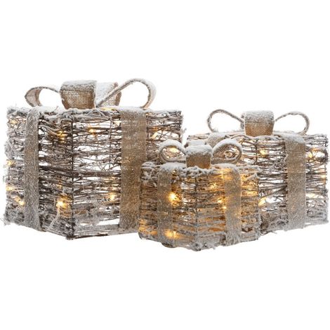 Light Up Christmas Gift Present Boxes - Under Tree Decorations - Snowy Wicker (1/5)