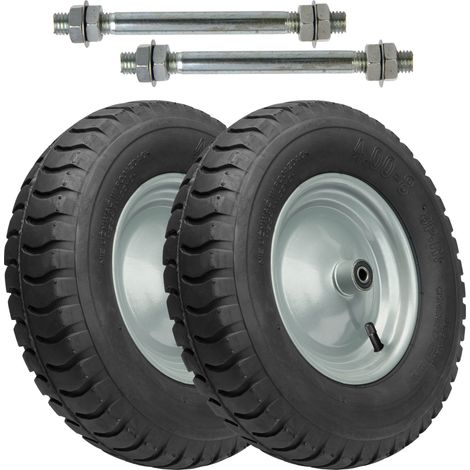 Garronda 2er Pack Ersatzrad Schubkarre 4.80/4.00-8 Schubkarrenrad Ø 405 mm Luftreifen 8PR Reifen bis 180 kg mit Achse Stahlfelge Kugellager für Gartenwagen Hof Baustelle GD-0163, Schwarz-Silber