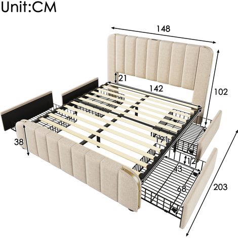 Lit capitonné double avec tête de lit rembourrée ornée de finitions dorées et fonction de chargement USB Type-C, 140190 cm, revêtement en lin beige avec 4 tiroirs, capacité de charge 181 kg (sans mate (1/4)
