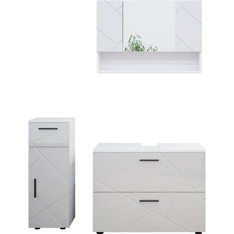 Set mobili bagno Irma, Bianco lucido, 3 parti, con cassettiera e mobile midi, Vicco