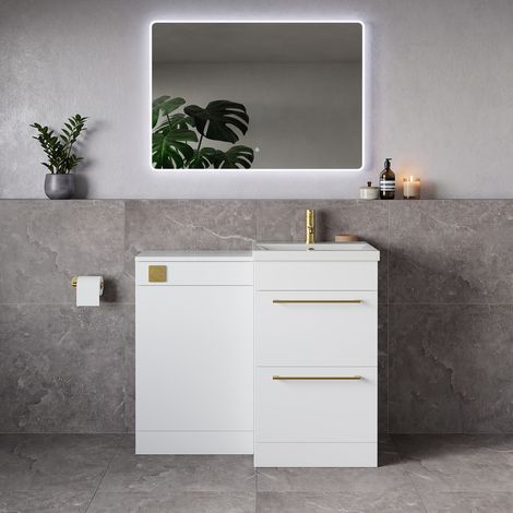 Napoli 390 Gloss White 1000mm 2 Drawer Vanity Unit Toilet Suite with Glide Basin - 1000mm - Brushed Brass 320mm HandleWithout Kingston Toilet Pan