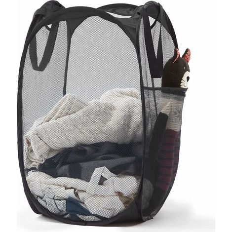 Pop-up-Wäschekorb aus Netzgewebe mit robusten Griffen – tragbarer, faltbarer Wäschekorb für Wohnheim, Badezimmer und Reisen (schwarz), von DEBUNS