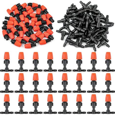 (50 pièces) Buse de brumisation réglable orange en T (7,5-10 L/h) avec raccord en T 1/4" pour système d'arrosage de jardin ou de serre avec tuyau de 4/7 mm (1/4)