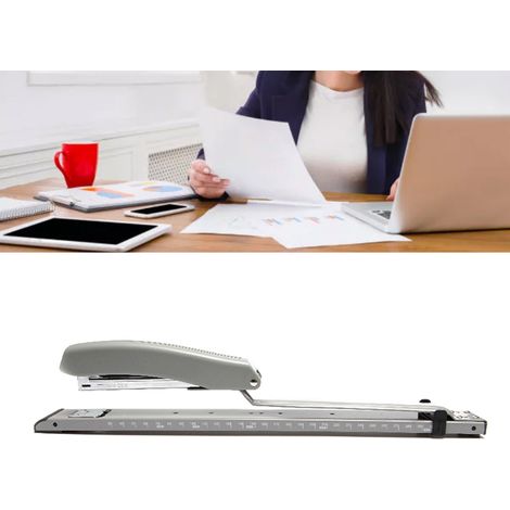 Agrafeuse de bureau grande capacité en métal à bras long avec vernier, pour le bureau et l'école. Agrafeuse portative à bras long en métal, grande capacité, pour le bureau et l'école. (1/5)
