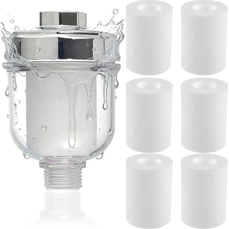 Filtre de douche avec 6 éléments filtrants remplaçables, filtre anticalcaire intégré pour la douche, efficace pour filtrer les impuretés de l'eau, filtre anticalcaire pour robinets ou douche. (1/5)