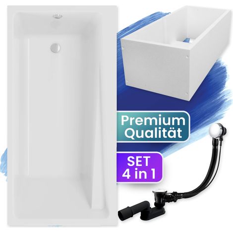 Badewanne Rechteck 170x75 mit Wannenträger, Ablaufgarnitur & Füßen GRATIS - Komplettset 4in1 Original Acryl Wanne Siphon - BADLAND ELZA (1/5)