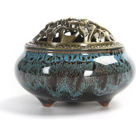 Brûleur D'encens en Céramique et Couvercle, Aromathérapie pour Bâtons D'encens ou Cônes D'encens, Bobine Cendrier Bol, Accessoire Décoratif pour la Maison, Idée Cadeau Originale(bleu saphir) (1/5)