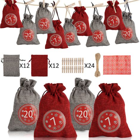 Randaco 24 Borsa Calendario dell'Avvento in tessuto, 24 adesivi digitali, borse regali di Natale fai da te a, borse decorative ciondoli, borsa di stoccaggio piccoli oggetti, rosso / grigio (1/5)