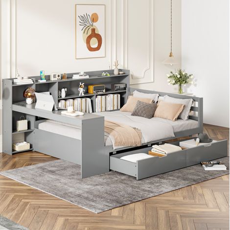 Cama dormitorio con escritorio y almacenaje madera gris OKMYHOME (1/5)