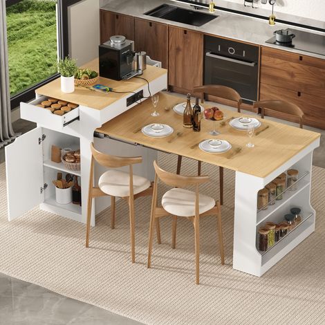 Isla de cocina con ruedas, mesa de comedor extensible con tomas de corriente y dos cajones, que puede utilizarse como isla de cocina. (1/5)
