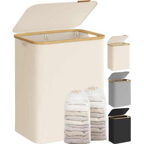 Panier à Linge avec Couvercle à 2 Compartiments, 130L, Sac Amovible, Tissu Oxford, Poignées en Bambou, Pliable, 52 x 38,5 x 70,5 cm, Blanc Crème LCB513W01 (1/5)