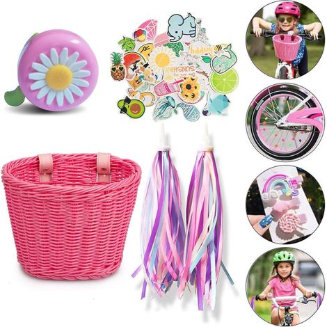 Panier Vélo Avant en Osier Tressé Rose, Corbeille de Vélo avec Guidon et Franges Décoratives, Paniers Tressés pour Bicyclette, Accessoire Vélo Tressé Rose pour Rangement et Style (1/5)
